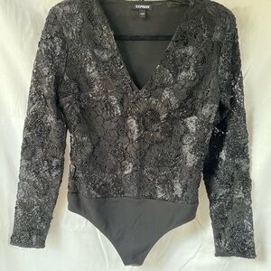 Express Black Long Sleeve Lace Bodysuit